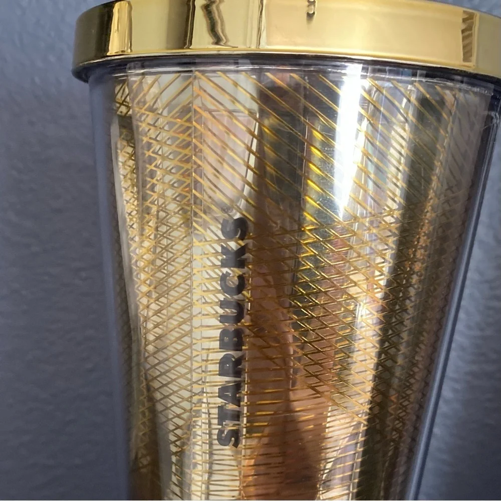 STARBUCKS COFFEE COMPANY GOLD METALLIC CUP TUMBLER 24 oz BPA FREE Gold 2…